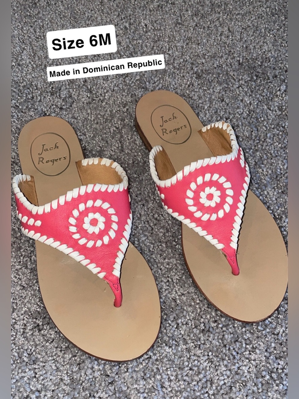 Jack Rogers Pink Leather Whipstitch Thong Sandals